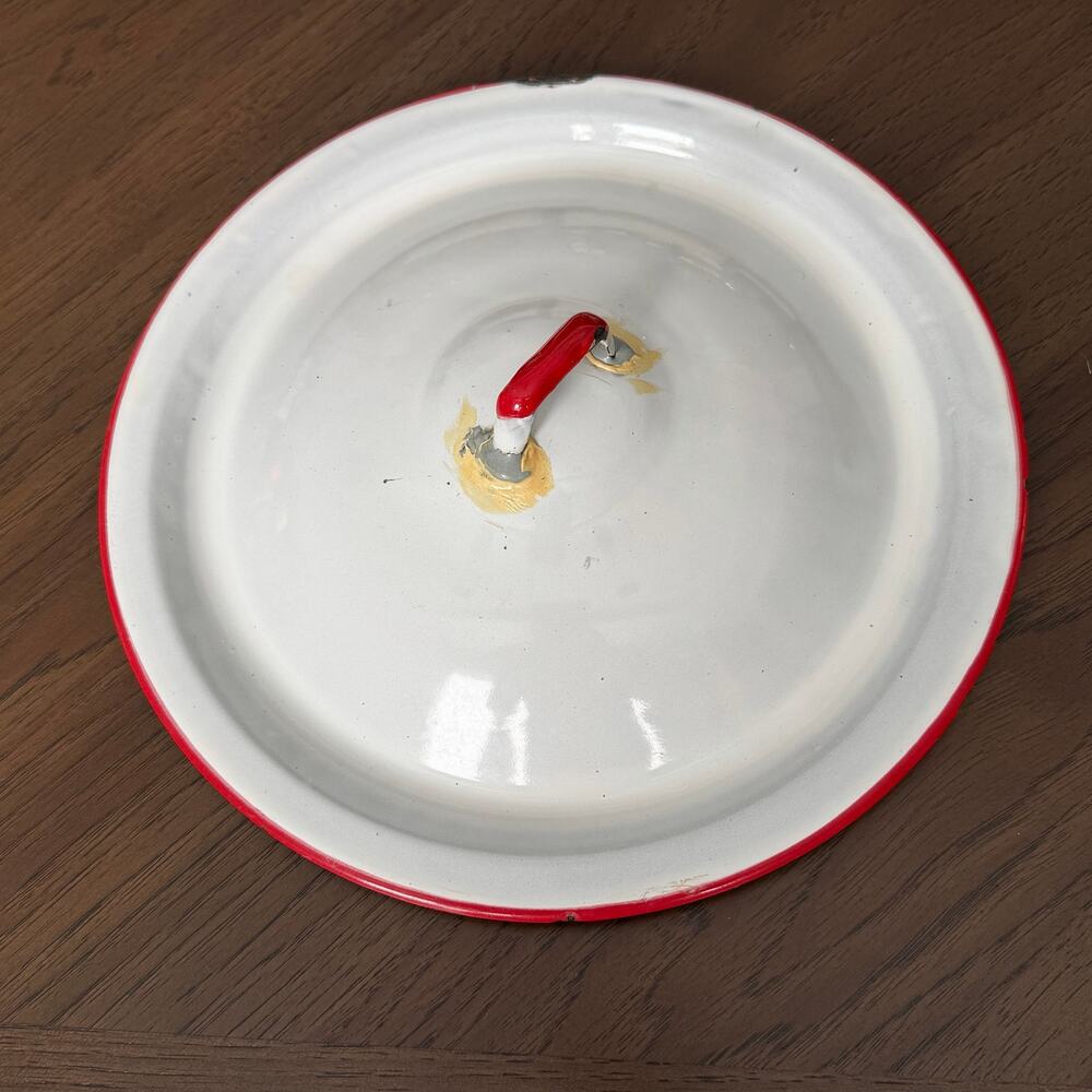 Vintage White Enamel Ware Lid Red Trim Replacement for Pot Pan Farmhouse Round